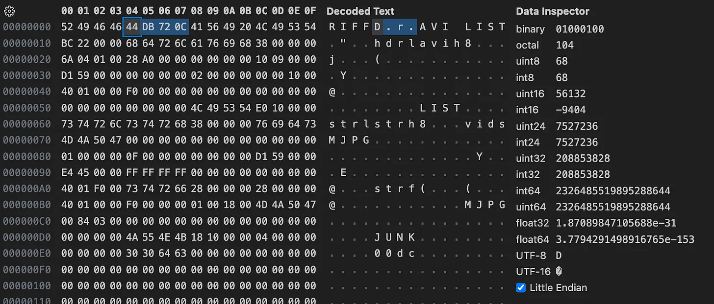 Hex dump of an AVI file