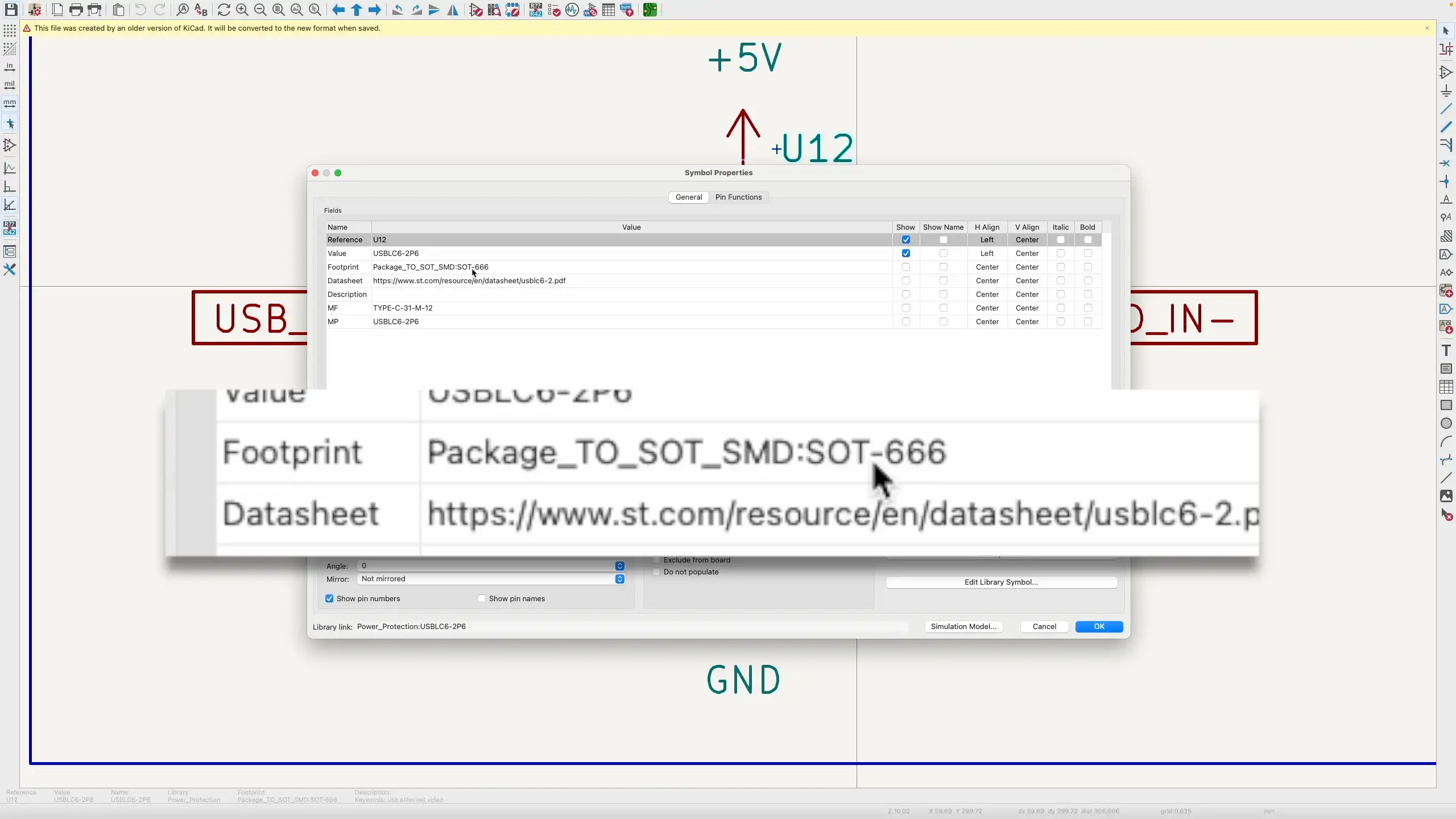 KiCad schematic showing the USBLC6 with SOT666 footprint