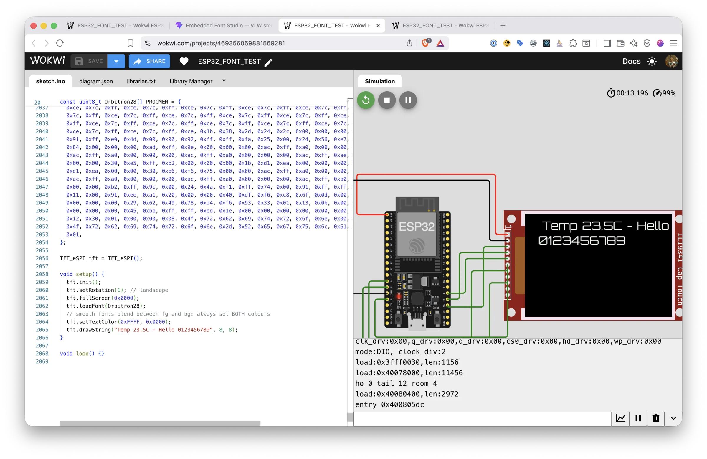 The exported Orbitron font running on a simulated ESP32 and ILI9341 in Wokwi