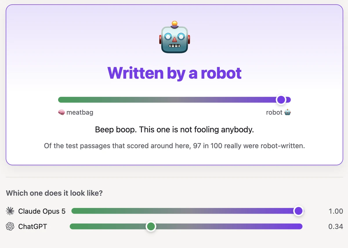 Robot or Meatbag? The detector calling a passage "Written by a robot", with Claude Opus 5 at 1.00 and ChatGPT at 0.34 underneath